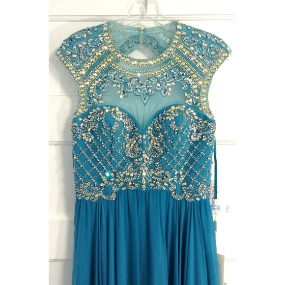 Vtg Ball Gown Dress 8 Turquoise Beaded Sequin Maxi Regency Prom Formal Princess - Picture 3 of 16